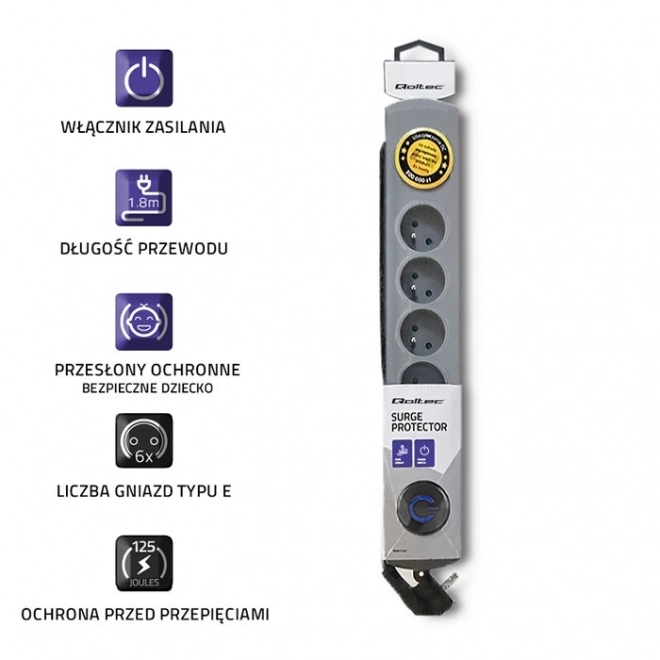 Ochrona przeciwprzepięciowa Quick Switch, 6 gniazd, 1,8 m, szary