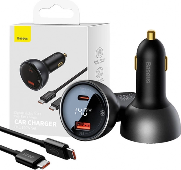 Ładowarka samochodowa Baseus Superme z wyświetlaczem, USB‑C + USB, 140 W, czarna