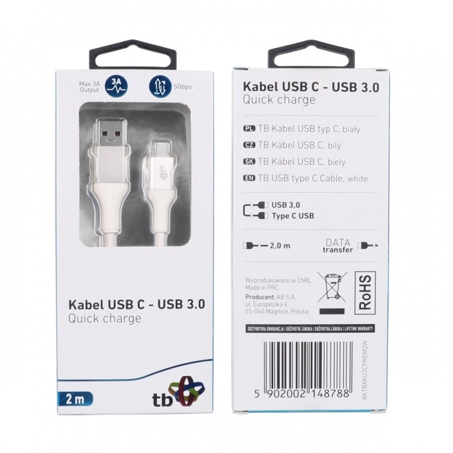 Biały USB 3.0 - USB C kabel 2m PREMIUM 3A TPE