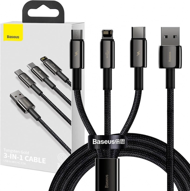 Baseus Tungsten Gold kabel 3 w 1 do ładowania i transmisji danych USB na Lightning / USB‑C / micro USB, 3,5 A, 1,5 m (czarny)