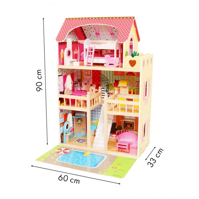 Drewniany domek dla lalek, meble, basen + oświetlenie ECOTOYS