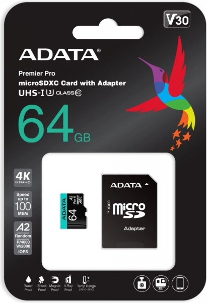 Karta MicroSD Premier Pro 64 GB UHS-I U3 V30 A2 + adapter SD