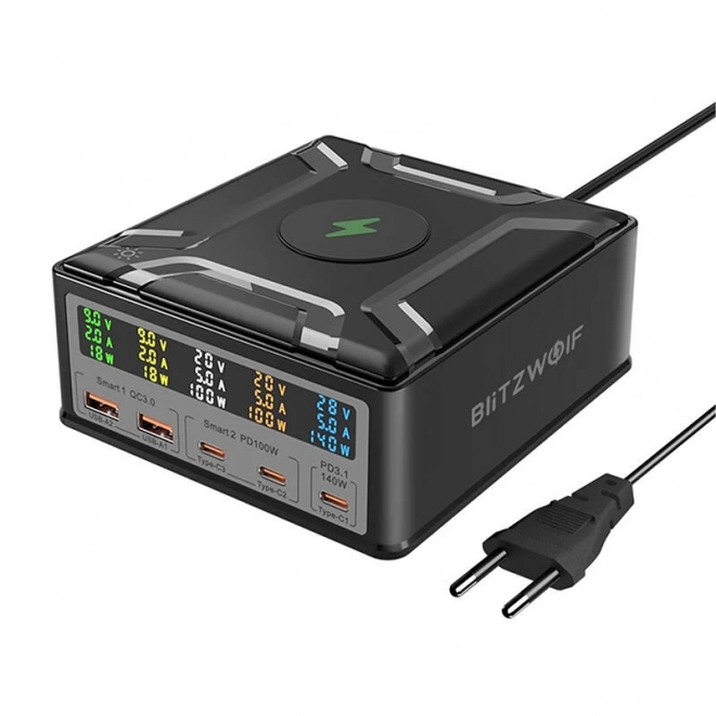 Blitzwolf BW-S28 260W, 2xUSB-A, 3xUSB-C, 15W bezprzewodowa ładowarka (czarna)