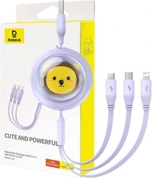 Wysuwany kabel 3‑w‑1 BASEUS USB do USB‑C, Lightning i Micro USB 3,5 A, 1,1 m – fioletowy