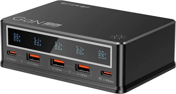 Biurkowa ładowarka BlitzWolf 110 W z PD, 3× USB‑A i 2× USB‑C, czarna