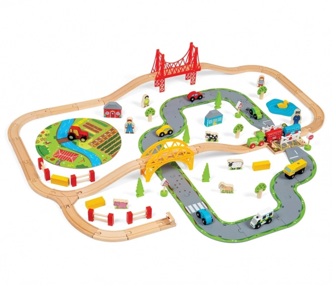 Bigjigs Rail Drewniana kolejka z wiejską drogą 80 części