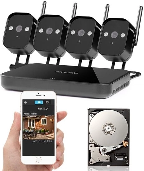 Zmodo 720p bezprzewodowy system kamer Wi‑Fi z mini NVR i dyskiem 1TB (4 kamery)
