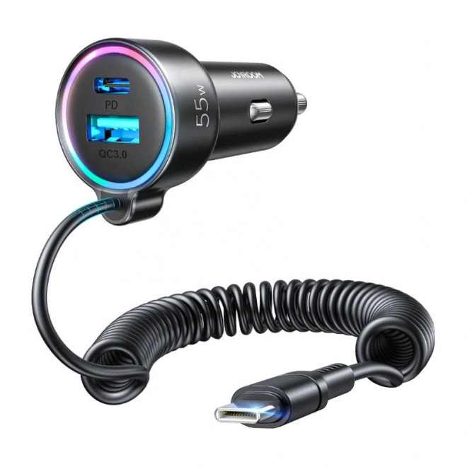 Ładowarka samochodowa Joyroom JR-CL07, 3 w 1, 1x USB + 1x PD, 55W + kabel Type-C (czarny)