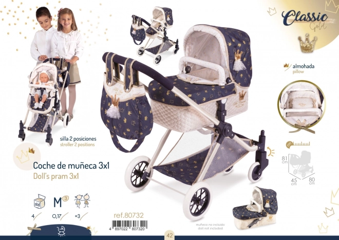 DeCuevas 80732 Wózek dla lalek 3 w 1 XL z torbą Classic Gold 2020 - 81 cm