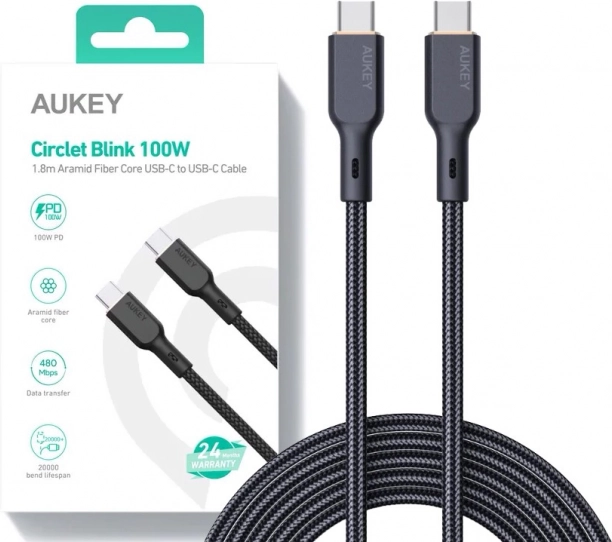 Czarny kabel USB‑C do USB‑C 1,8 m o mocy 100 W od Aukey
