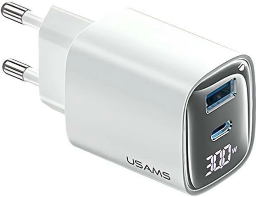Ładowarka sieciowa 30W GaN z wyświetlaczem LED USB + USB‑C biała