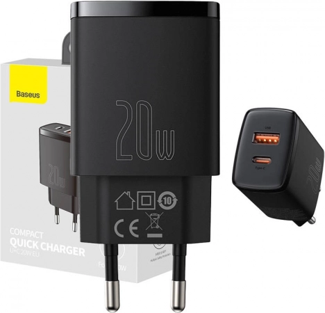 Szybka ładowarka sieciowa BASEUS 20W z USB‑C i USB (czarna)