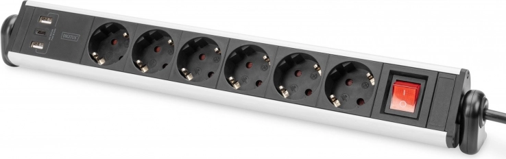 Biurkowa listwa zasilająca z 6 gniazdami, 2× USB‑A i 1× USB‑C, obrotowa o 180°, aluminiowa, z zaciskami – DIGITUS