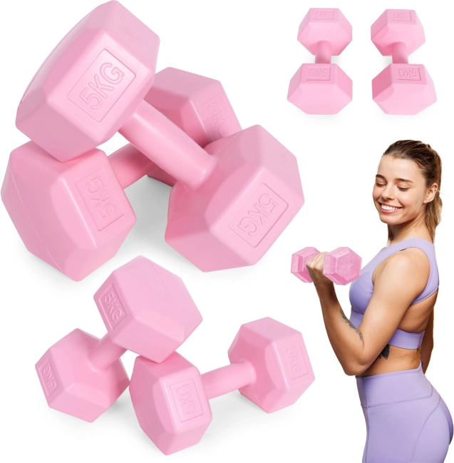 Zestaw sześciokątnych hantli 2×5 kg, różowe – ModernHome