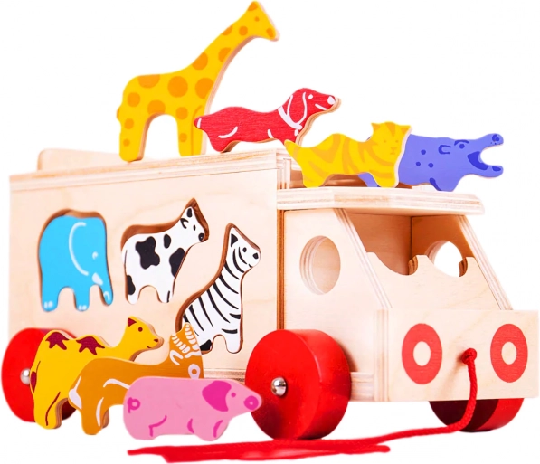Bigjigs Toys drewniana ciężarówka do ciągnięcia ze zwierzątkami i sorterem kształtów