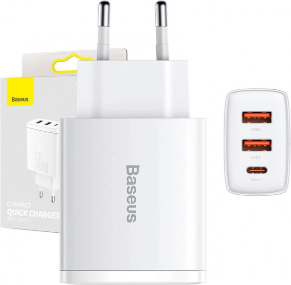 Baseus kompaktowa szybka ładowarka 30 W z USB‑C i 2× USB