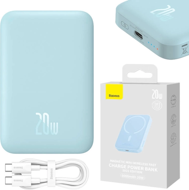 Magnetyczny powerbank Baseus Magnetic Mini 6000 mAh, 20W, USB‑C, MagSafe, niebieski