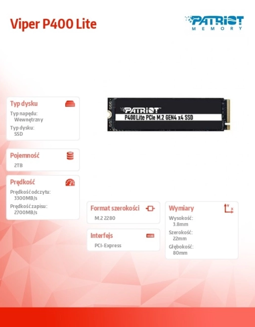 Dysk SSD 2TB Patriot P400 Lite 3300/2700 MB/s PCIe M.2 Gen 4x4 NVMe 1.4