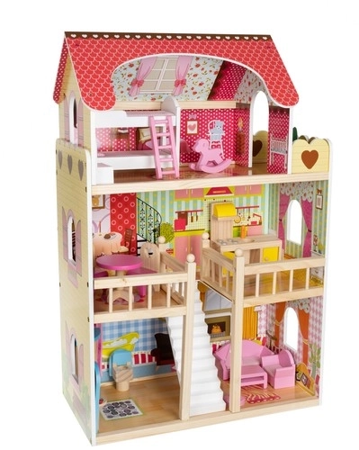 Drewniany domek dla lalek z wyposażeniem 90 cm