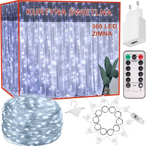 Kurtyna świetlna LED 300 LED, 3 × 2,9 m, zimna biel, pilot, USB