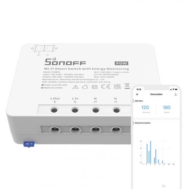 Inteligentny przełącznik Wi-Fi z monitorowaniem zużycia energii Sonoff POWR3 (25A/5500W)