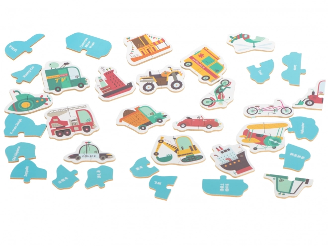 Puzzle z motywami środków transportu w metalowym pudełku