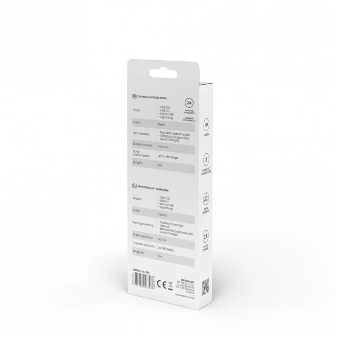 Magnetyczny kabel USB Savio 3w1 typ C, Micro i Lightning, czarny, 1m