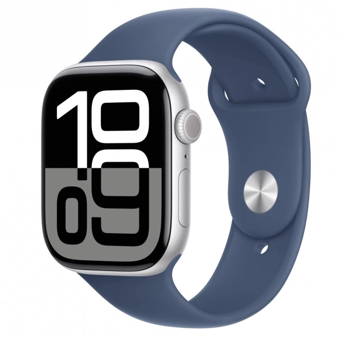 Apple Watch Series 10 GPS, srebrna koperta 46 mm z aluminium z dżinsowym paskiem sportowym S/M