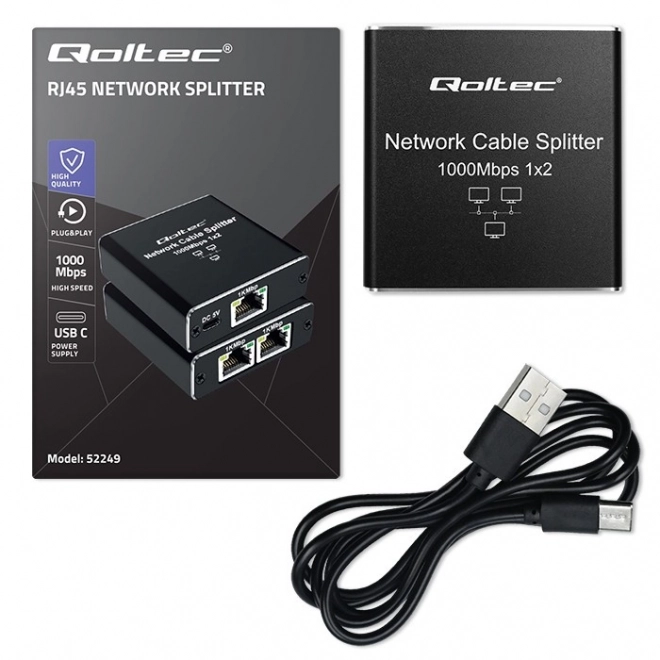 Splitter mini SWITCH 1x2 porty RJ45 | 1000Mb/s | USB-C| Aluminium