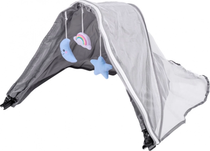 Daszek z moskitierą i zawieszanymi zabawkami