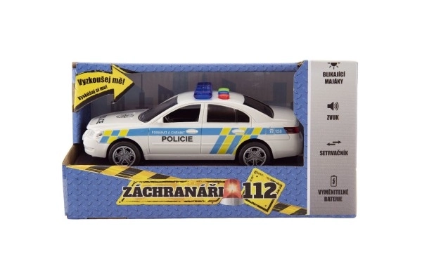 Auto policyjne plastikowe 15cm na baterie z dźwiękiem i światłem na napęd w pudełku 20x11x9cm