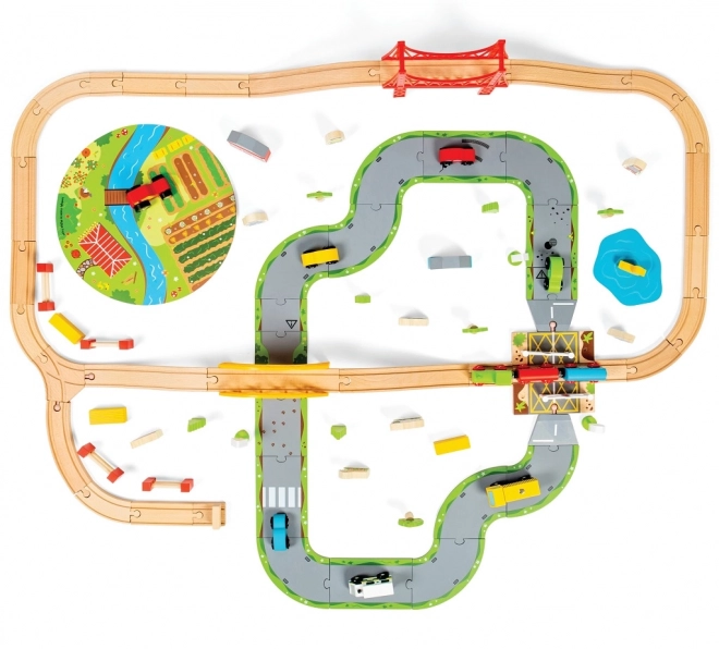 Bigjigs Rail Drewniana kolejka z wiejską drogą 80 części