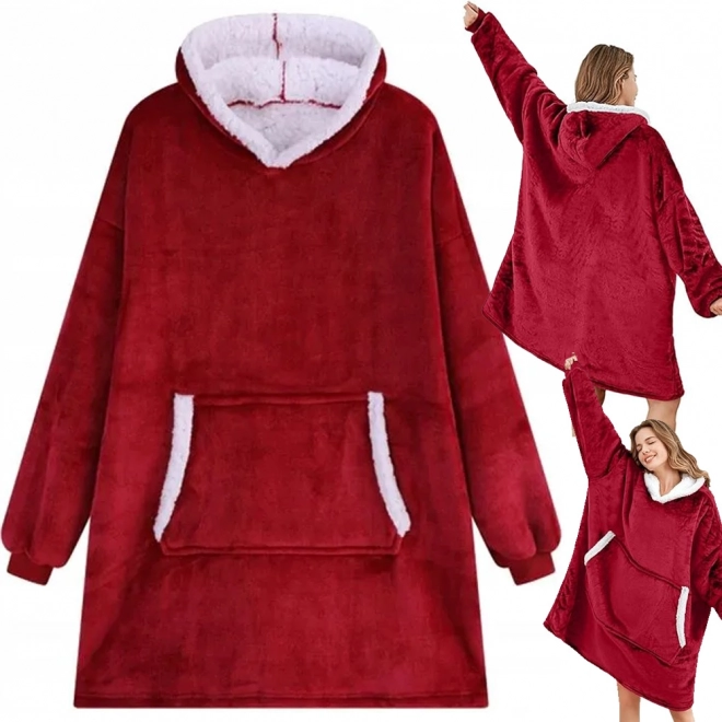 Czerwona oversize bluza-koc z kapturem