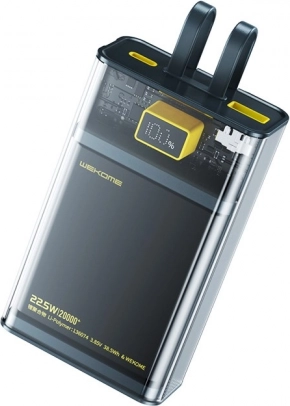 Powerbanka WEKOME Vanguard Series 20000 mAh z wbudowanymi przewodami USB‑C i Lightning, PD 20 W + QC 22,5 W (czarna/przezroczysta)