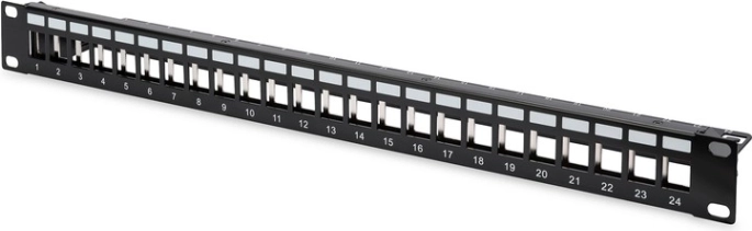 Panel krosowy 19" 24‑portowy dla modułów keystone, ekranowany, 1U, z prowadzeniem kabli i polami opisowymi, czarny