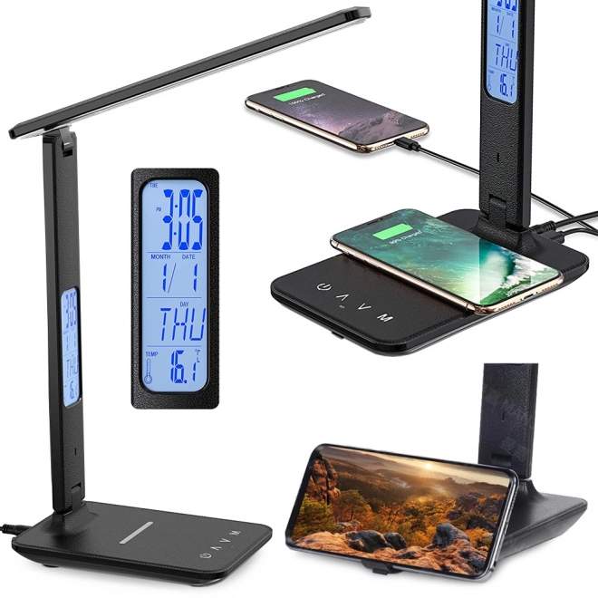 Nowoczesna lampa biurkowa do szkoły z USB i ładowarką Qi