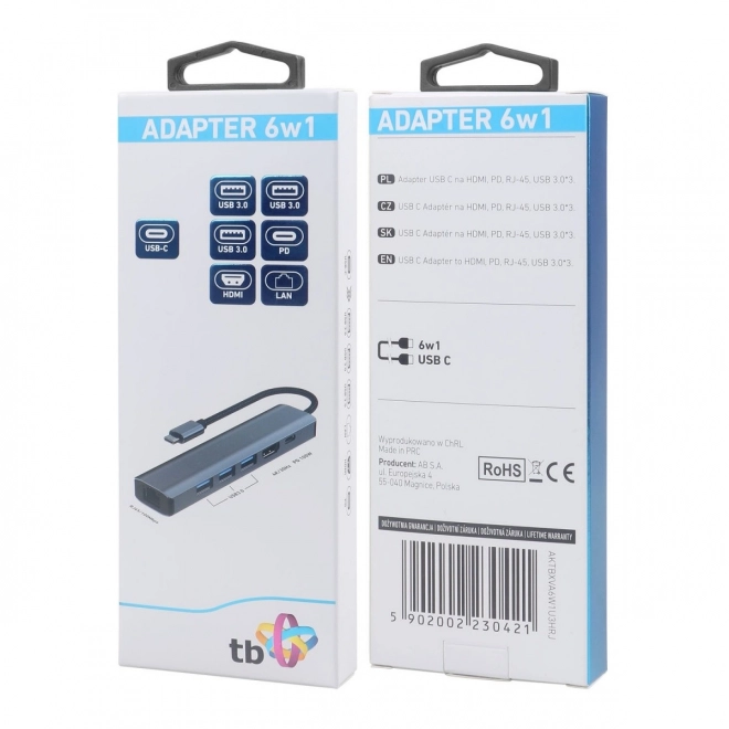 HUB USB-C adapter 6w1 - HDMI, 3x USB, PD, RJ-45