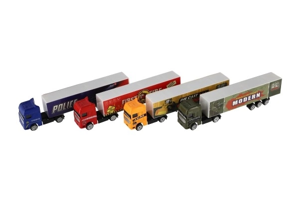 Auto ciężarowe z naczepą metal/plastik 20cm na wolny bieg mix rodzajów w plastik. pudełku 20x5x3cm