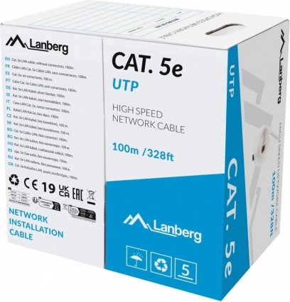 lanberg kabel lan utp cat 5e 100 m cu drut, szary, fluke passed