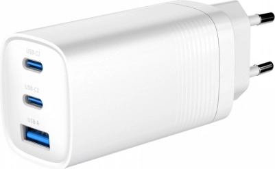 Szybka ładowarka GaN 65 W z Power Delivery, 2× USB‑C i 1× USB‑A, biała