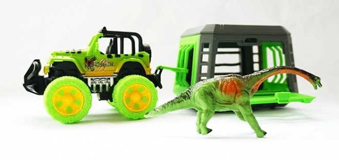 Jeep z przyczepą i dinozaurem