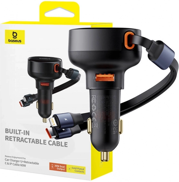 ładowarka samochodowa BASEUS Enjoyment 60 W z USB, USB‑C i Lightning, czarna