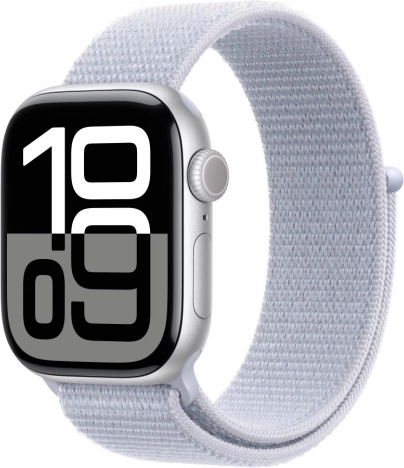 Apple Watch Series 10 GPS aluminiowa koperta 42 mm srebrna z niebieskim paskiem sportowym