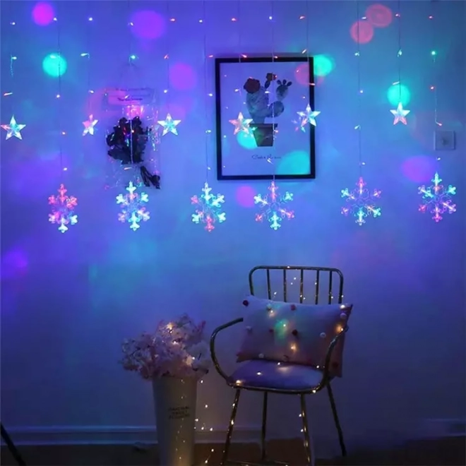 Świąteczne LED światła płatki śniegu i gwiazdy zasłona 138LED