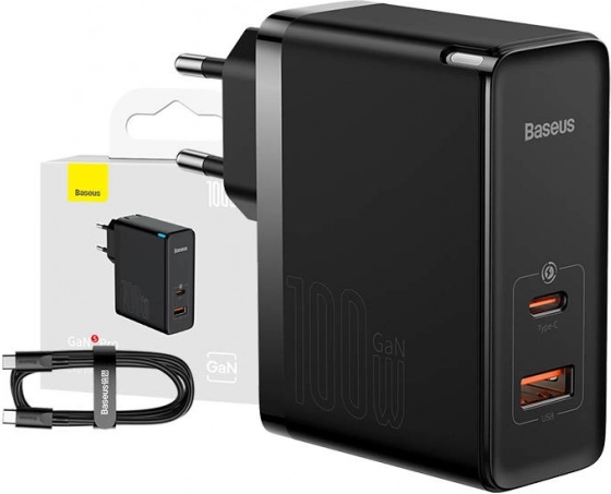 Baseus GaN szybka ładowarka USB-C + USB, 100W czarna