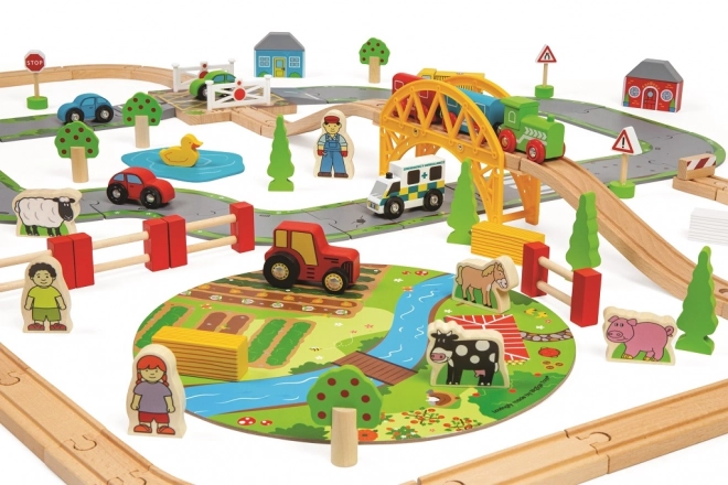 Bigjigs Rail Drewniana kolejka z wiejską drogą 80 części