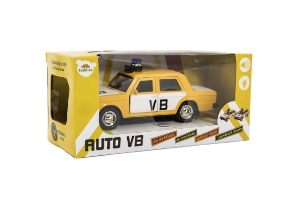 Samochód policyjny VB metal/plastik 12cm na naciąg w tył na baterie ze światłem i dźwiękiem w pudełku 15x7x7cm