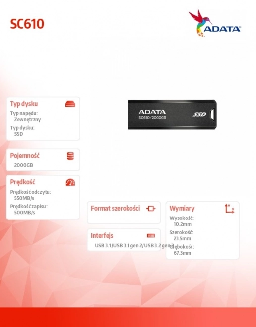 Zewnętrzny dysk SSD ADATA SC610 2000 GB USB 3.2 Gen2 czarny