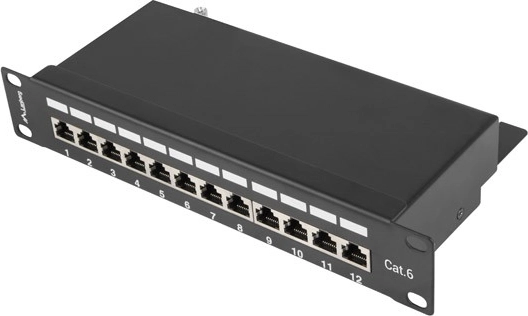 Patch panel 12 portów 1U do szafy 10'', kategoria 6, ekranowany, czarny