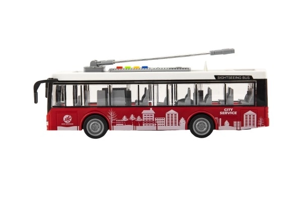 Autobus/trolejbus plastikowy 28cm na mechanizm bezwładnościowy na bat. ze światłem z dźwiękiem w pudełku 32x17x11cm